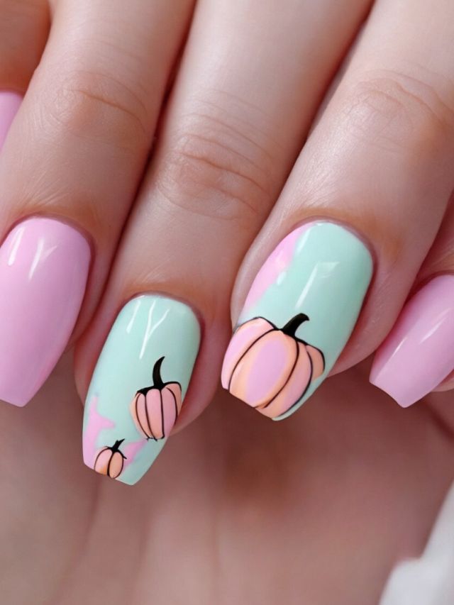 A woman's pink and green nails with pumpkins on them.