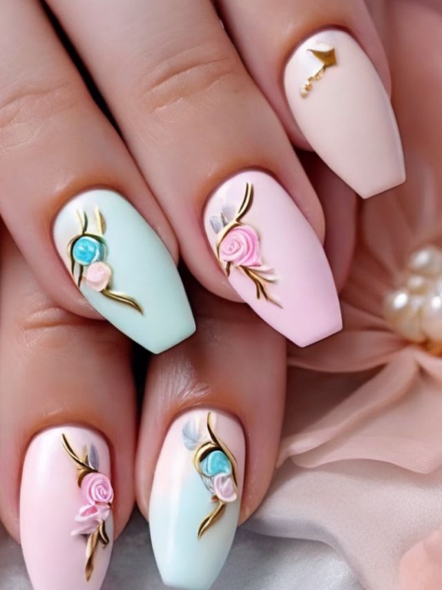 A woman's nails are decorated with flowers and pearls.