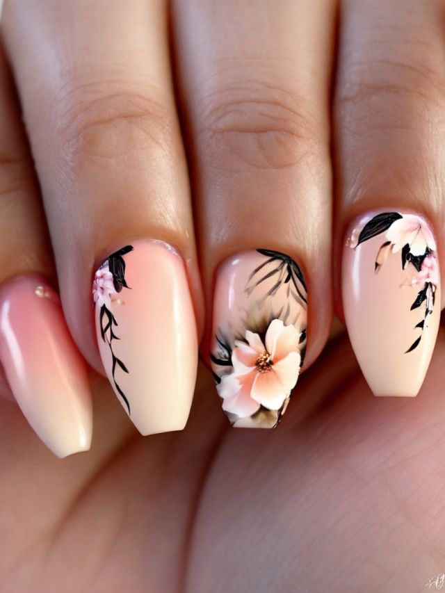 A woman's pink and white nails with flowers on them.