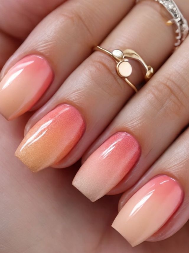 A woman's hand with pink and peach ombre nails.