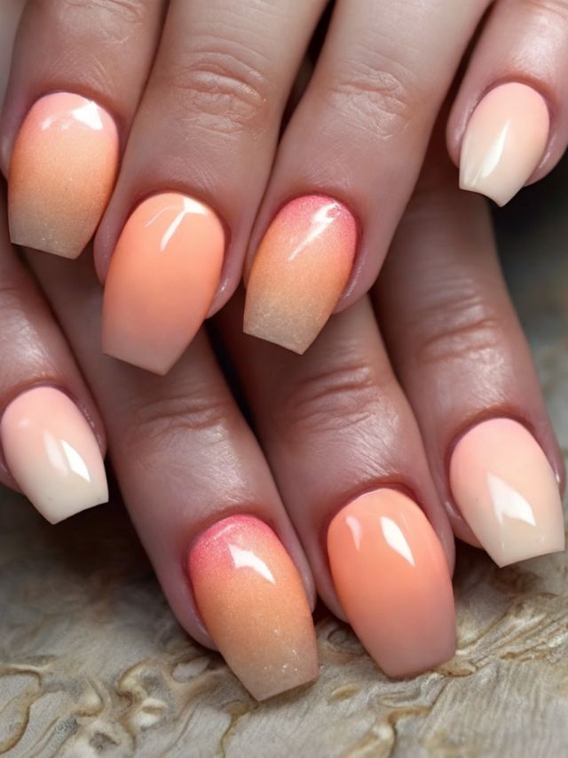 A woman's hands with orange and beige nails.