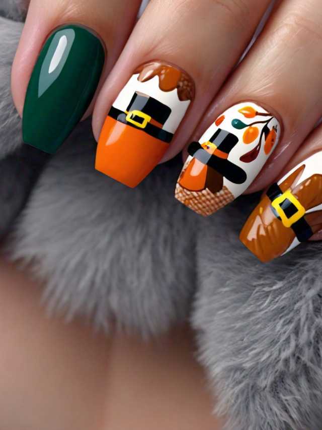 A woman's nails are decorated for thanksgiving.