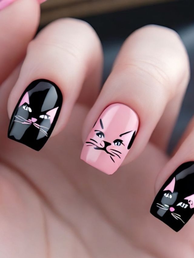 A woman's nails are decorated with black and pink cat designs.