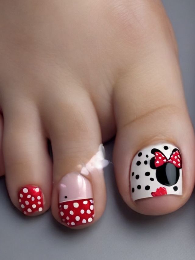 A girl's toes are decorated with minnie mouse polka dots.
