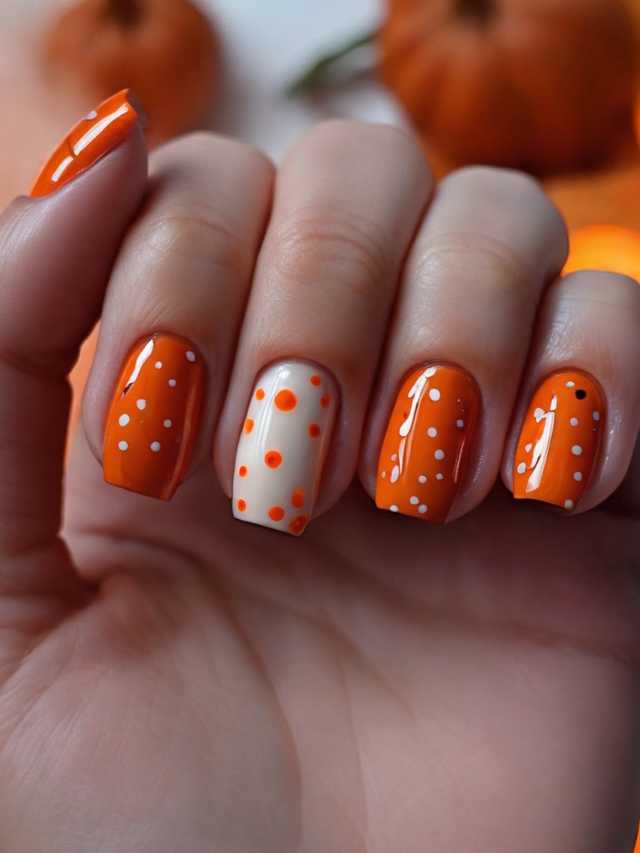 A hand with orange and white polka dot nail art.