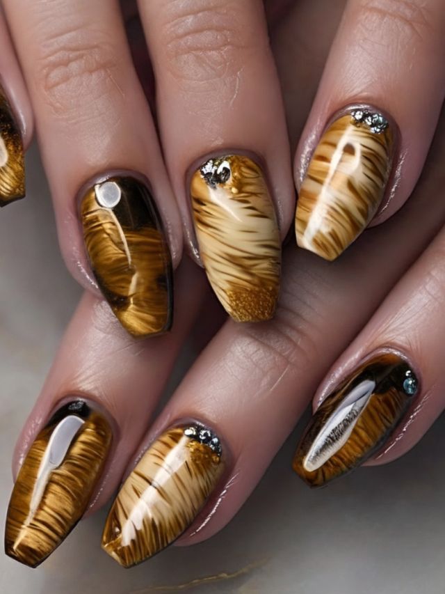 A woman's nails with a tiger print design.