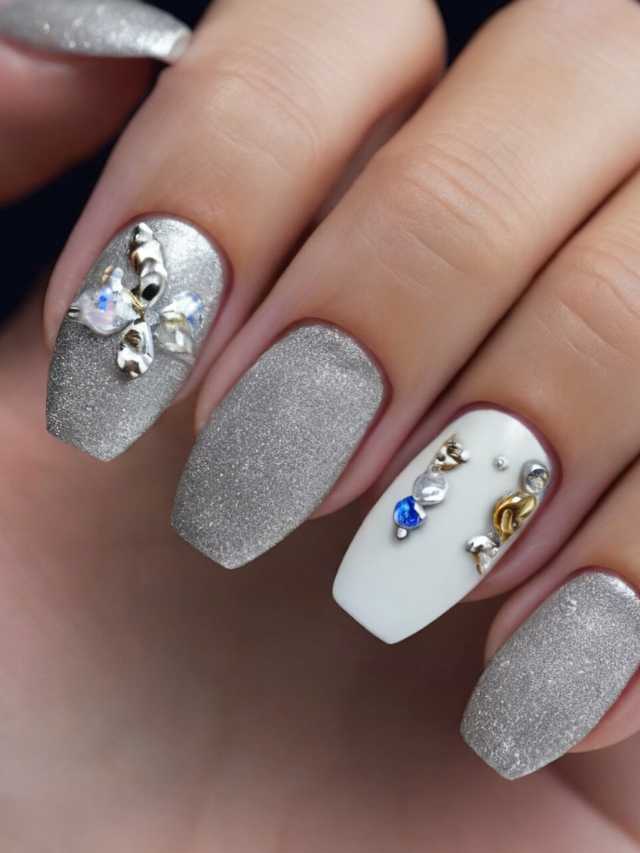 A woman's nails are decorated with silver and blue jewels.