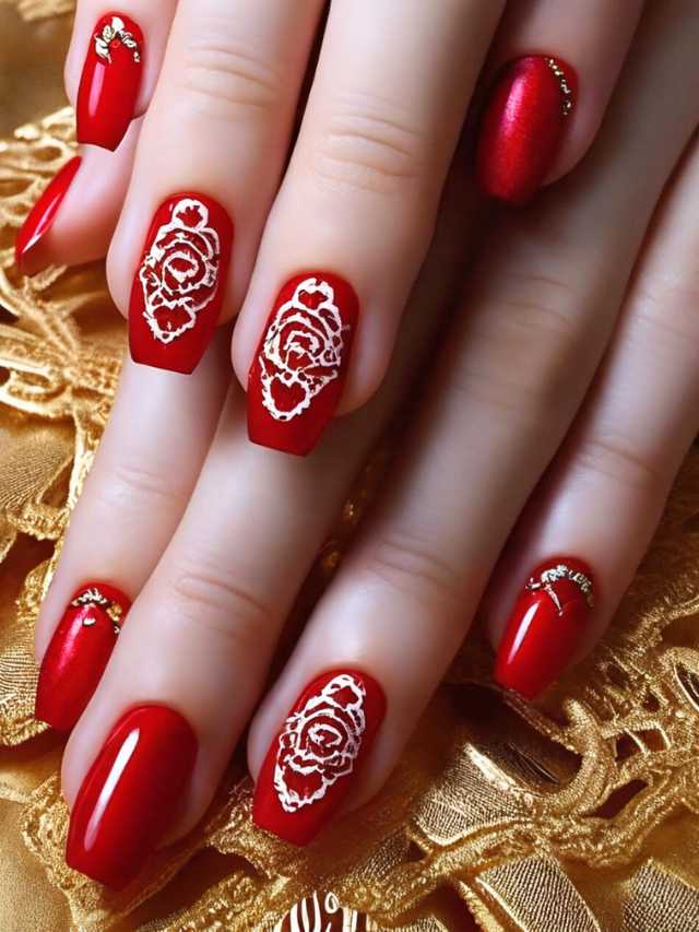 A woman's hands with red and white nail designs.