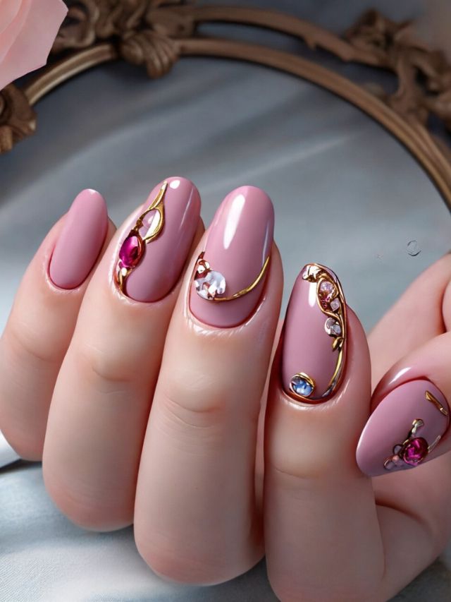 A woman's pink nails are decorated with gold and diamonds.