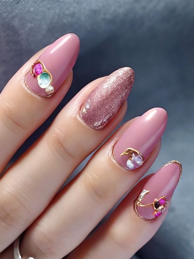 A woman's pink nails with pink and gold decorations.