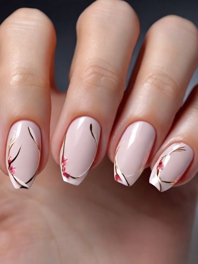A woman's hand with pink and gold nail designs.