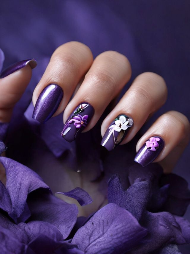 A woman's hand with purple nails and flowers on it.