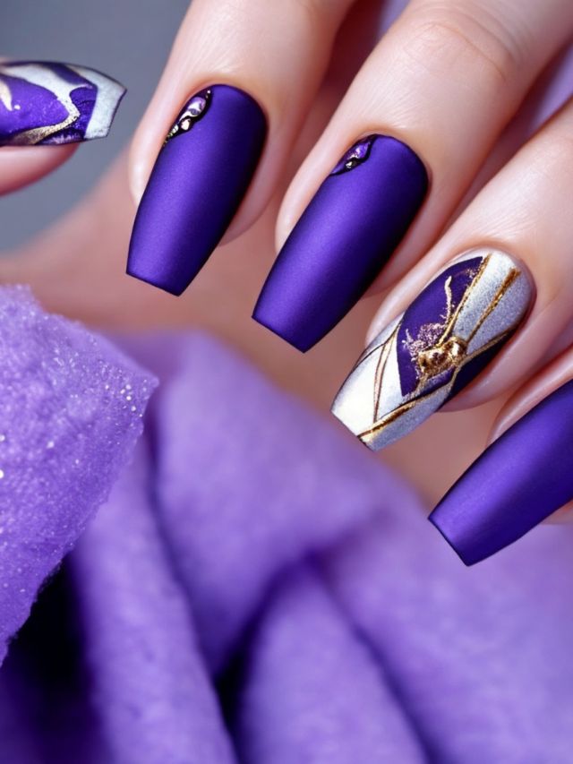 A woman is holding purple and white nails on a purple background.