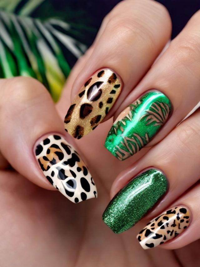 A woman's nails with leopard print and green nail polish.
