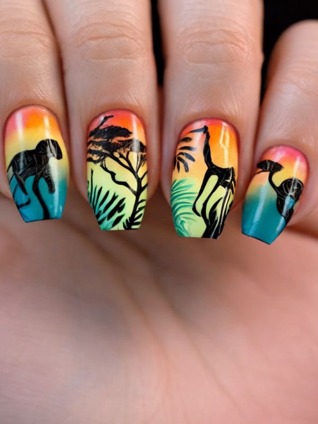 A woman's nails with giraffes and zebras painted on them.