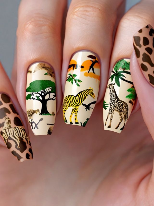 A woman's nails are decorated with giraffes and zebras.