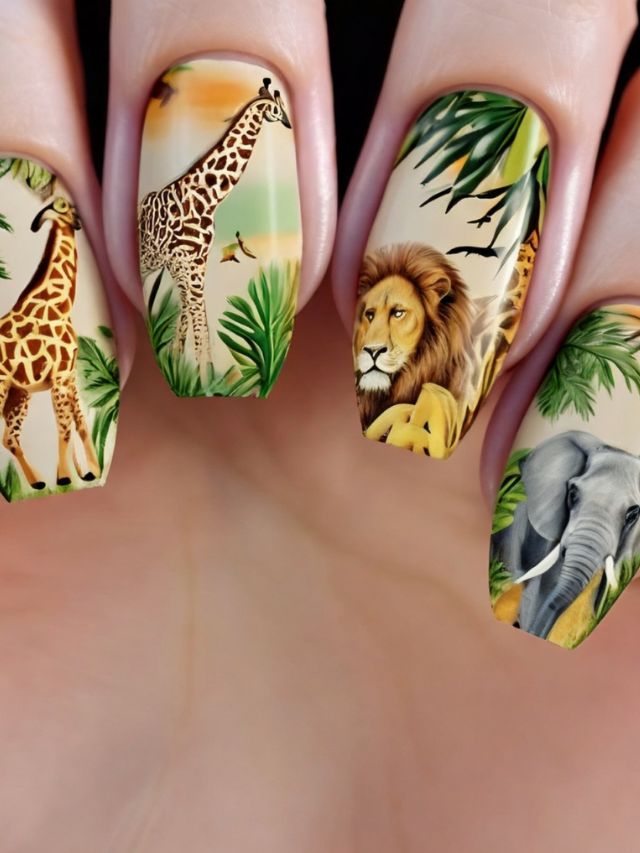 A woman's nails are decorated with giraffes and elephants.