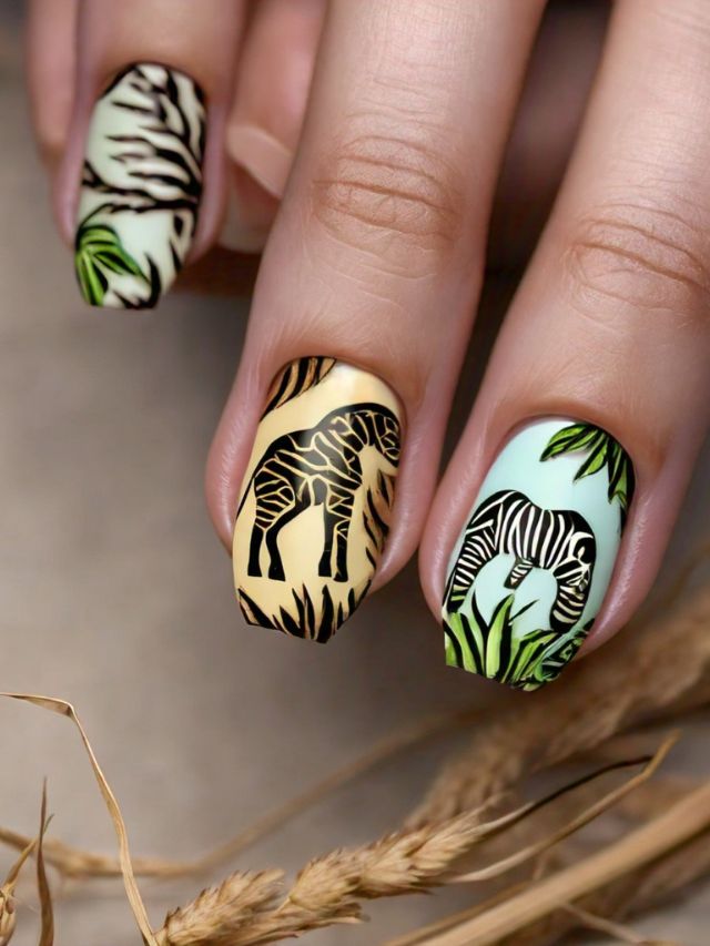 A woman's nails are decorated with zebras and wheat.
