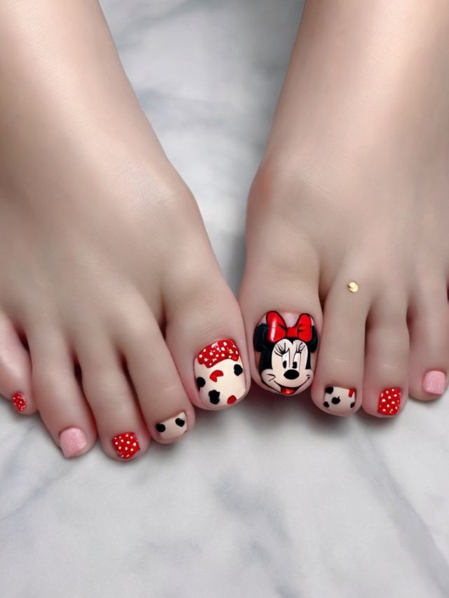 A woman's toes are decorated with minnie mouse and polka dots.