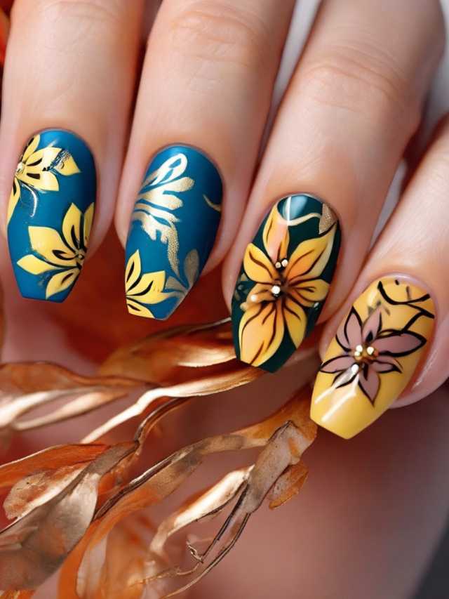 A woman with yellow and blue nails with floral designs.