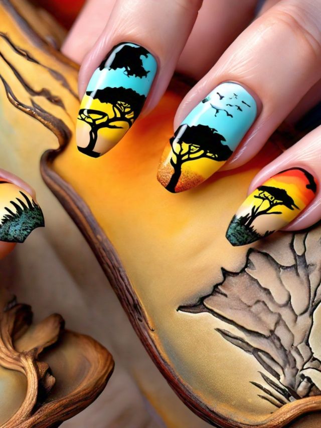 A woman's nails are painted with a savannah sky and trees.