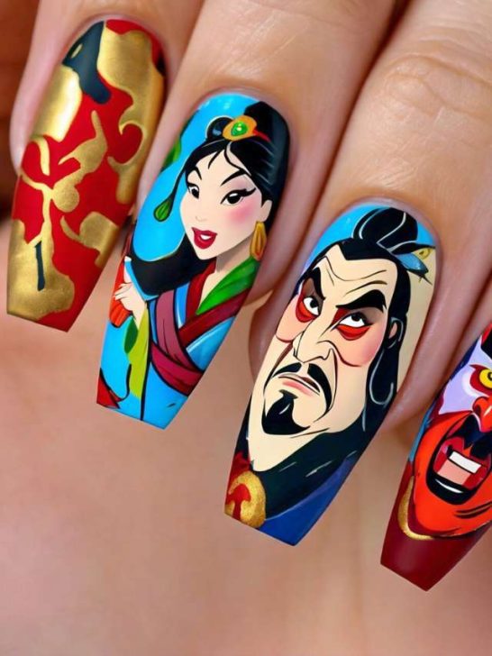 Chinese characters painted on a woman's nails.
