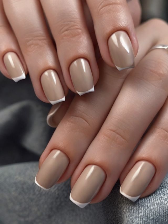 A woman's hands with beige and white nails.