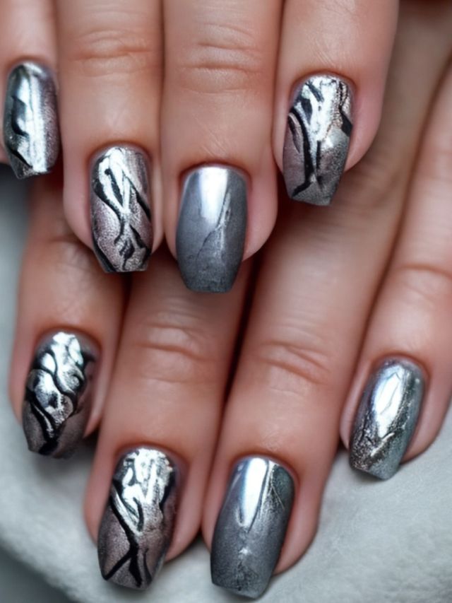 A woman's nails with silver and black designs.