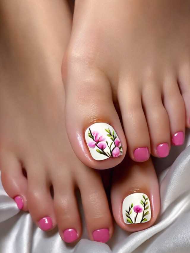 A woman's toes with pink flowers on them.