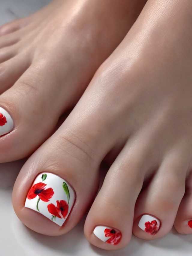 A woman's toes with red and white flowers on them.