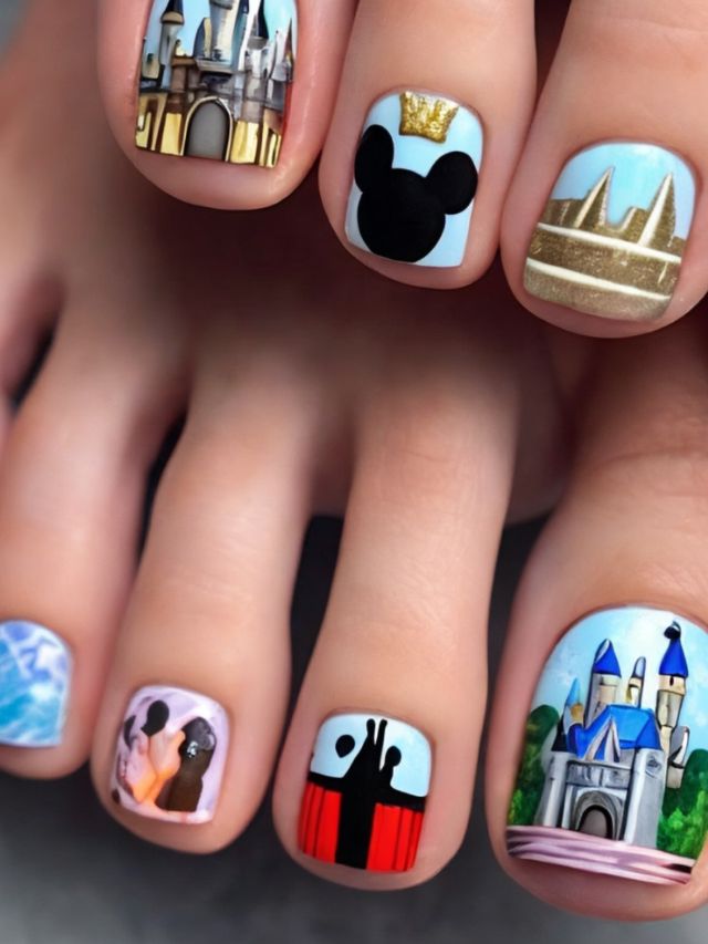 A woman's toes are decorated with mickey mouse and castles.