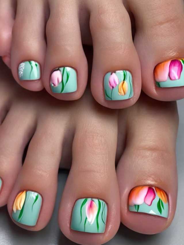 A pair of toes with flowers painted on them.