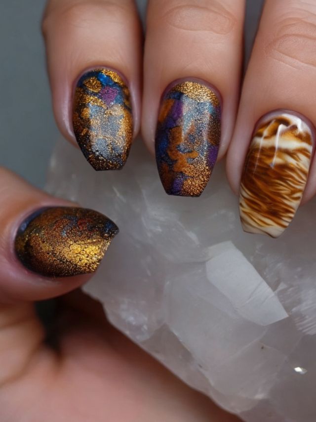 A woman's nails with gold and brown designs on them.