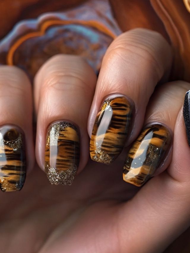 A woman's nails with tiger stripes and gold glitter.