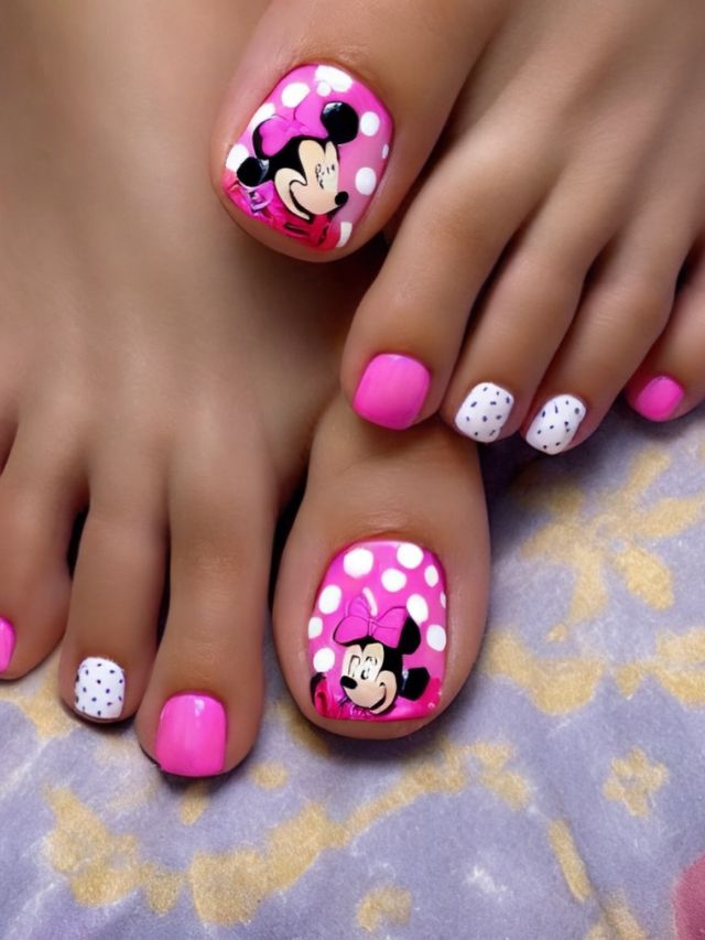 Pink minnie mouse toe nails with polka dots.