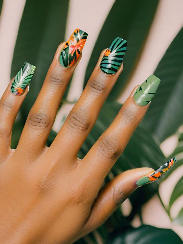 A woman's hand with green and orange nail art.