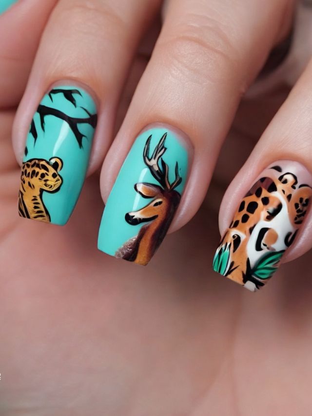 A woman's nails are decorated with animals and trees.