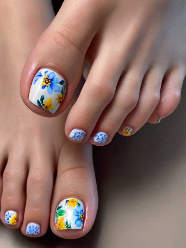A woman's toes are decorated with blue and yellow flowers.