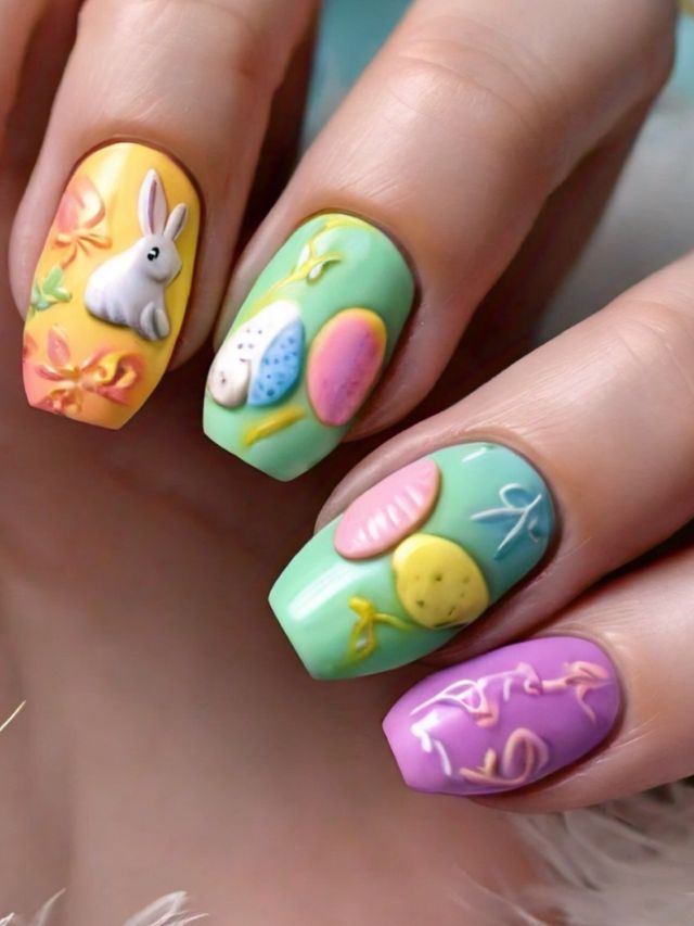 Acrylic Easter nails featuring hand-painted designs.