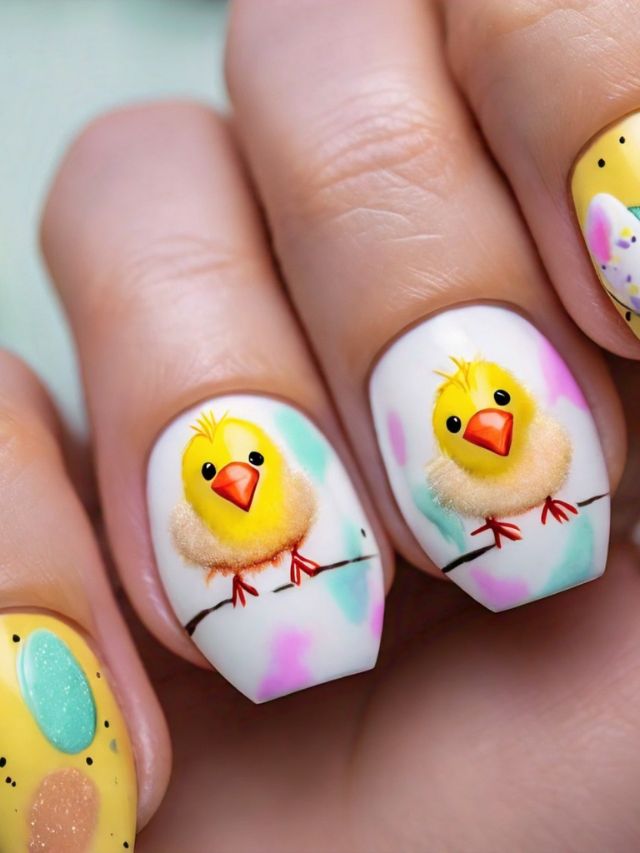 Acrylic nails with birds, Easter-inspired.