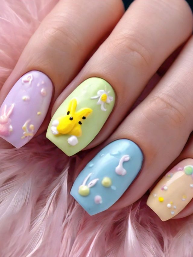 A woman's acrylic nails are decorated with cute Easter bunny designs.