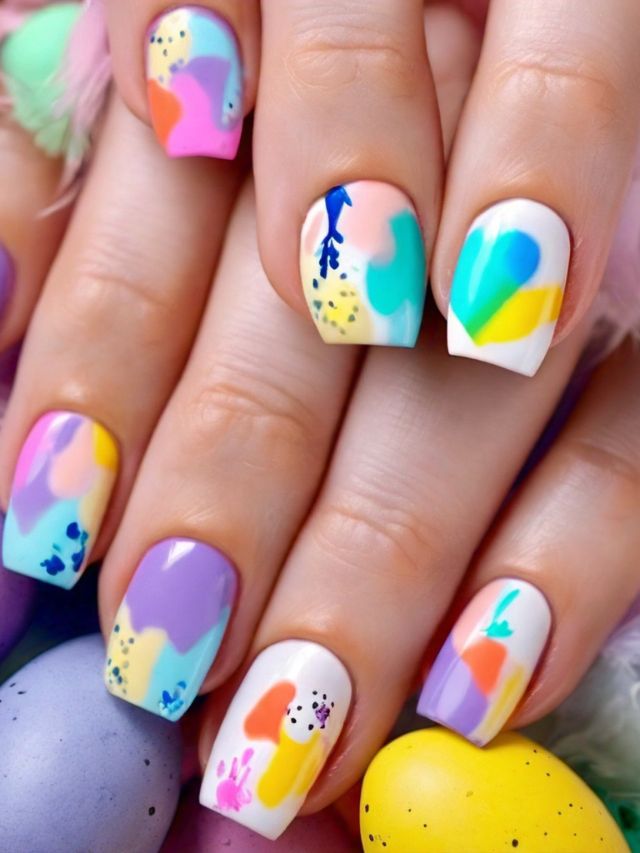 A close up of colorful Easter nails.