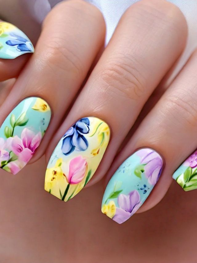 A woman's hand adorned with beautifully painted Easter-themed flowers using acrylic.