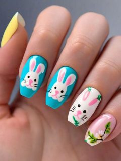 A woman is holding an Easter nail with a bunny on it.