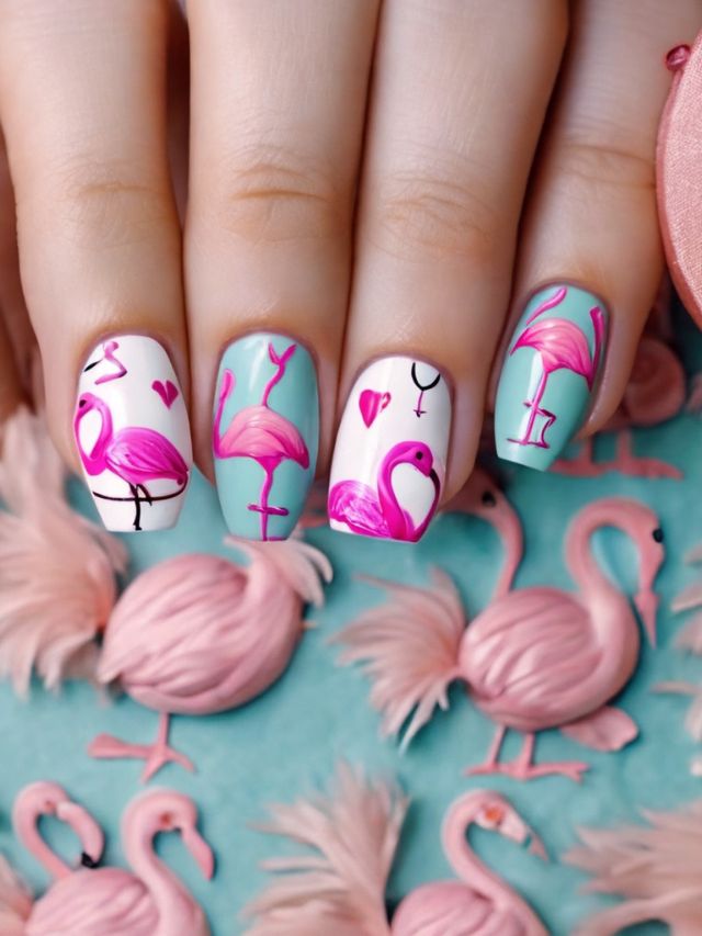 Pink flamingo nail art.