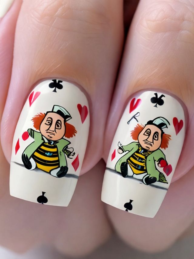 A pair of nails with a joker and hearts on them.