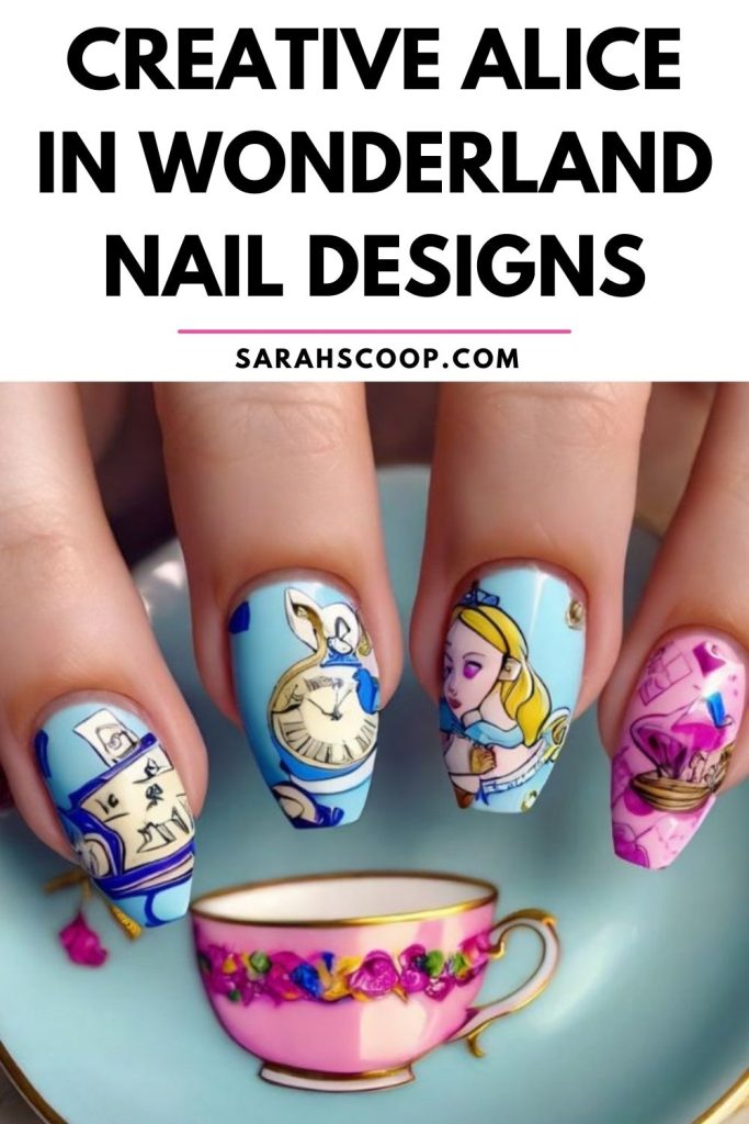 Creative alice in wonderland nail designs.