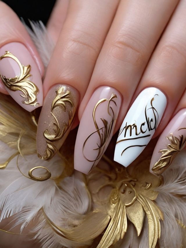 A woman's nails are adorned with gold and beige feathers, showcasing unique nail designs and angelic inspiration.