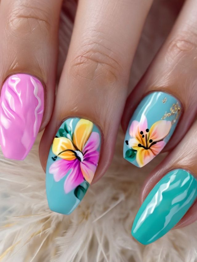 A woman's pink and blue nails with hibiscus flowers on them.