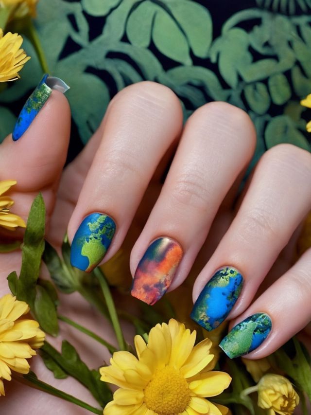 A woman's hand holding a flower and a nail with an earth design on it.